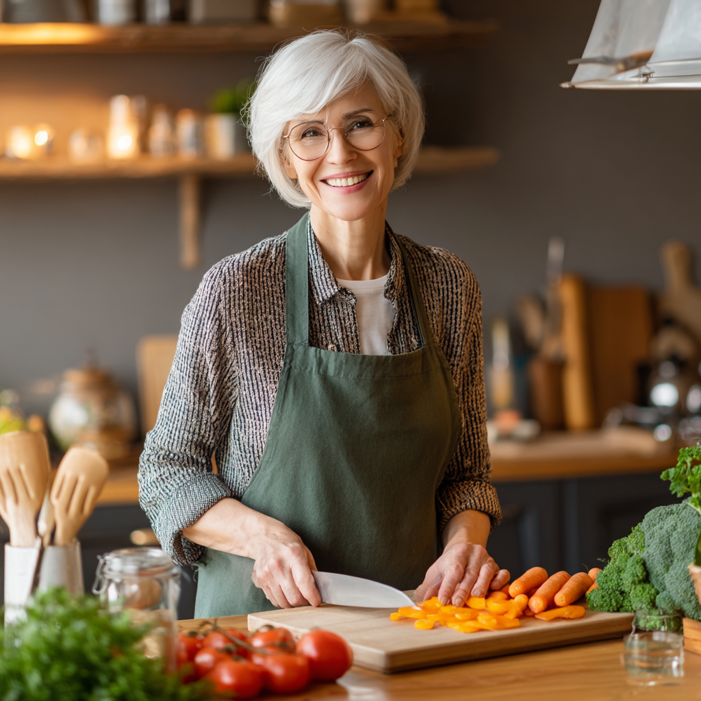 Smiling middle-aged European woman with healthy glowing skin, holding fresh green vegetables and fruits, natural lighting, realistic photography style